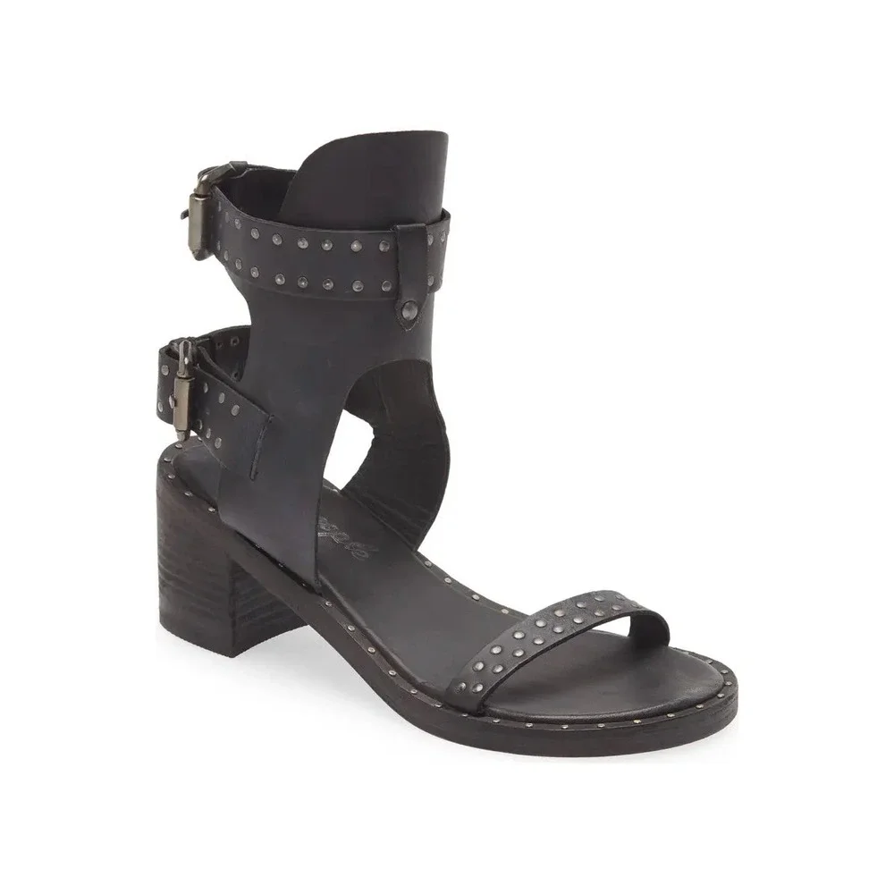 Free People Happiness Heeled Black‎ Leather Studded Cuff Sandals Buckle US 7 New